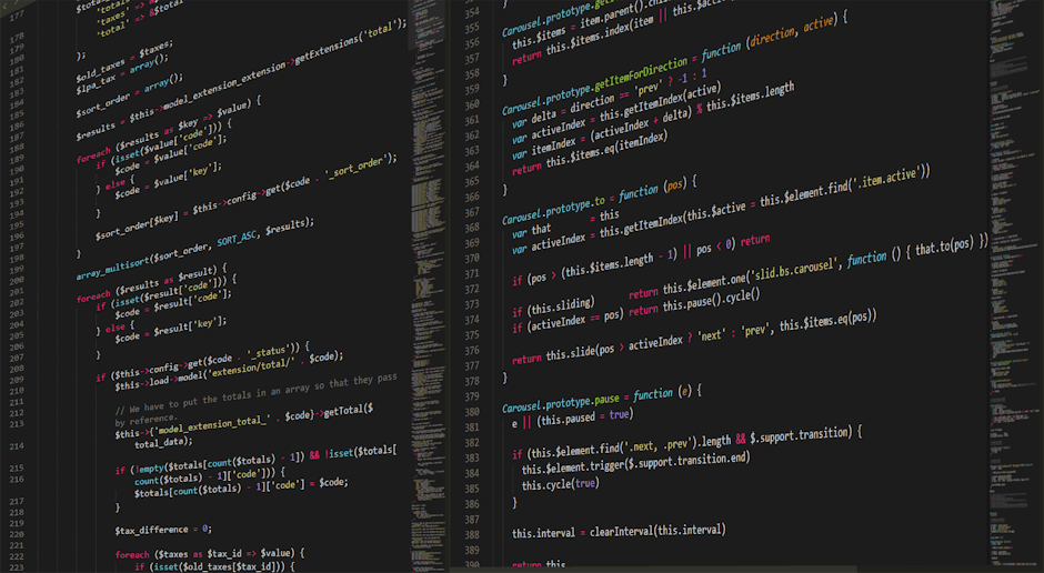 A computer screen displaying lines of HTML code with various tags and attributes in multiple colors, including green, pink, blue, and purple, on a dark background. The code includes nested div element
